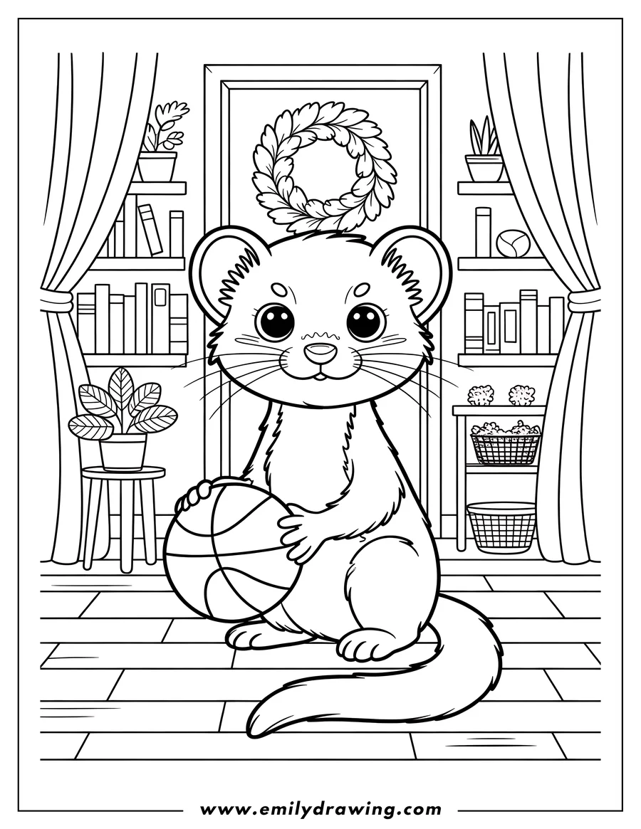 Line art of a ferret sitting and holding a basketball in a room with bookshelves, houseplants, and curtains.