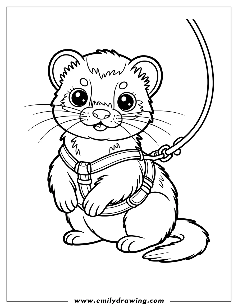 Line art of a ferret wearing a harness and attached to a leash.