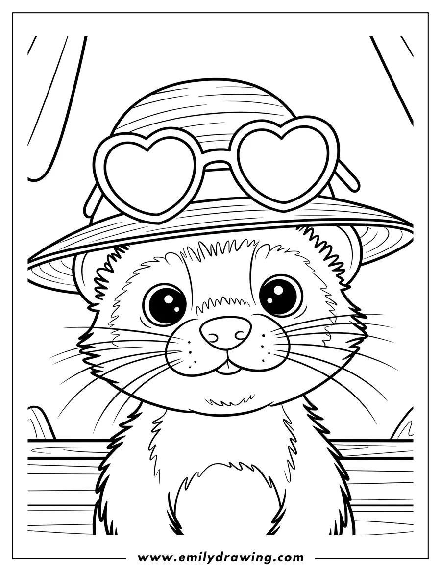 Outline of a ferret wearing a striped sun hat and heart-shaped sunglasses.