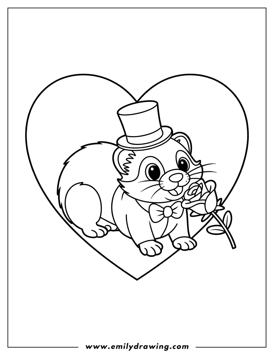 Line art of a ferret wearing a top hat and bow tie, holding a rose inside a heart shape.
