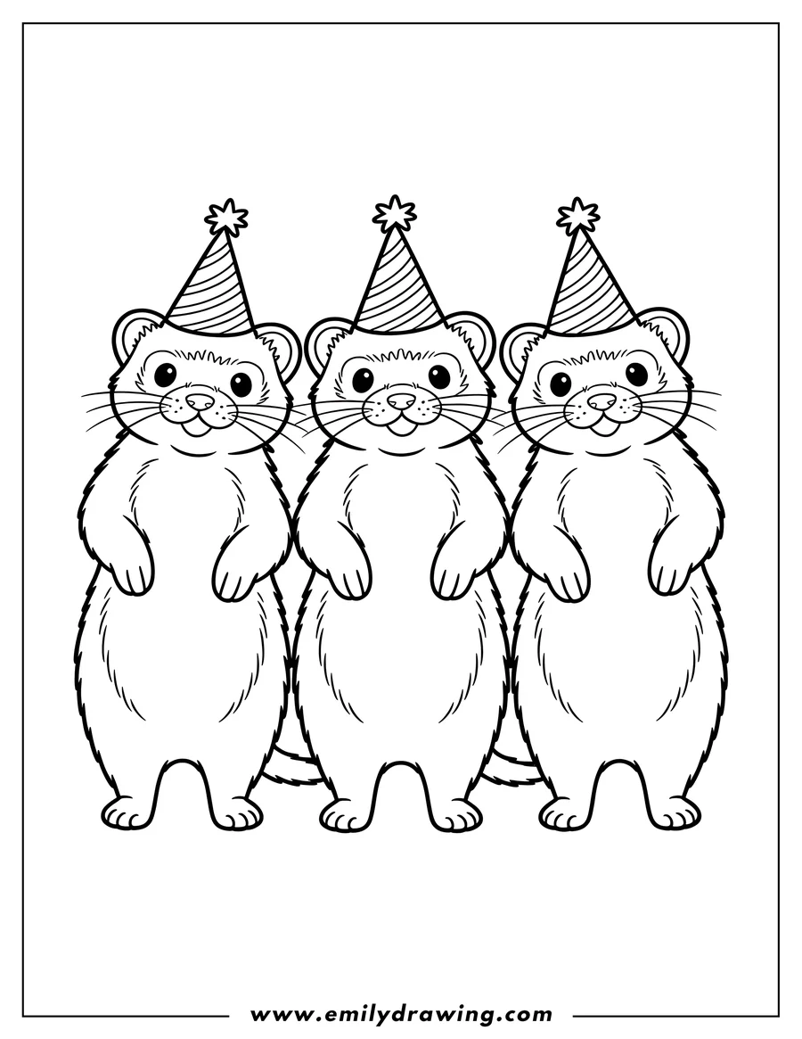 Three ferrets wearing party hats.