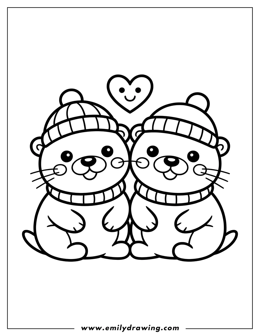 Outline of two ferrets wearing winter hats and scarves, with a smiling heart above them.