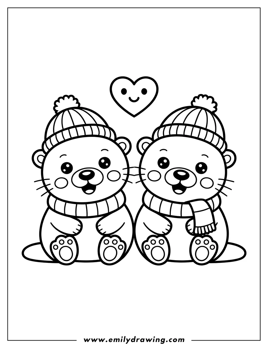 Outline of two ferrets wearing winter hats and scarves, sitting side by side with a smiling heart above them.