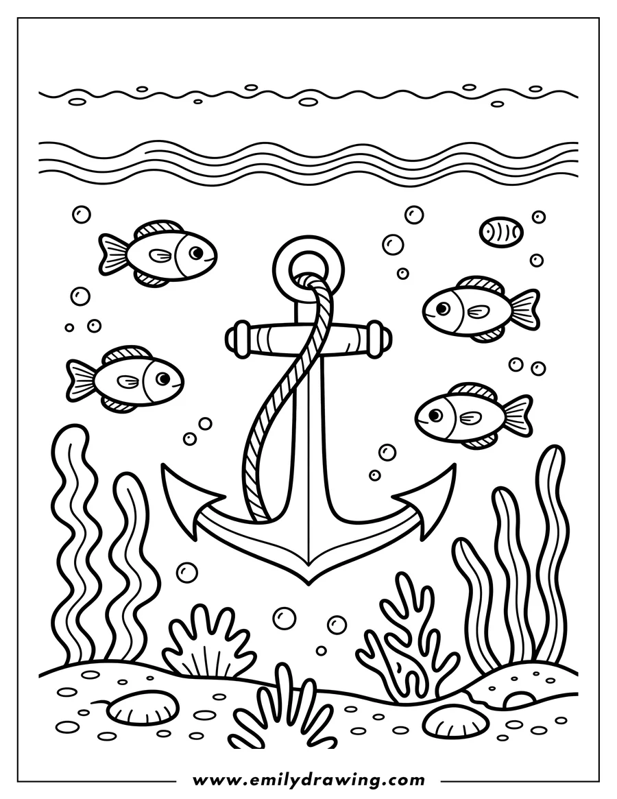 Outline of an anchor on the seabed surrounded by fish, seaweed, and bubbles.