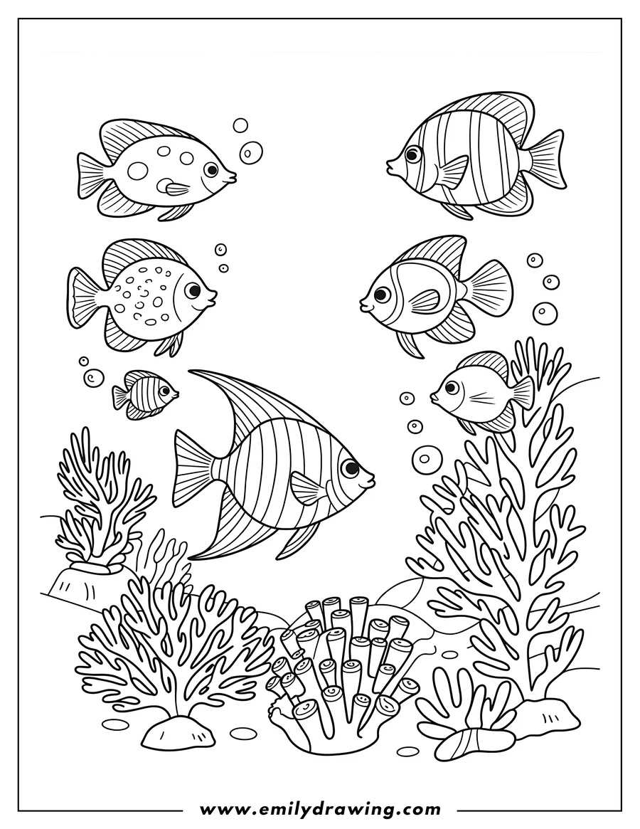 Line art of several different types of fish swimming amongst coral and seaweed on the ocean floor.