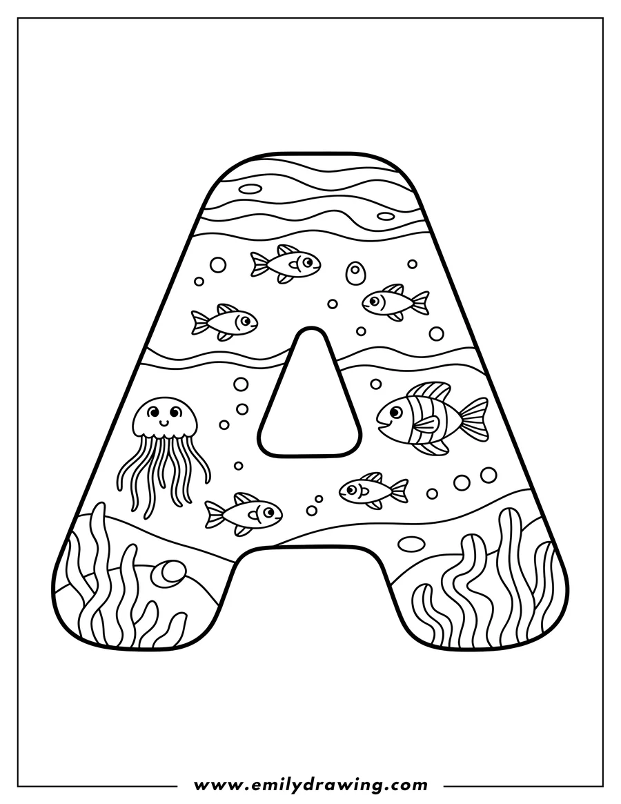 Outline of various fish and a jellyfish within the outline of the letter A. Seaweed is visible at the bottom.