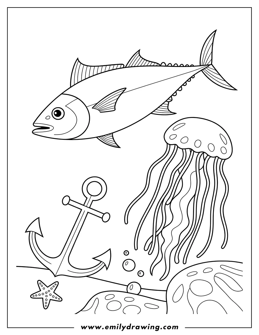 Line art of a fish and a jellyfish swimming underwater. An anchor rests on the seabed with a starfish nearby, and bubbles float around.