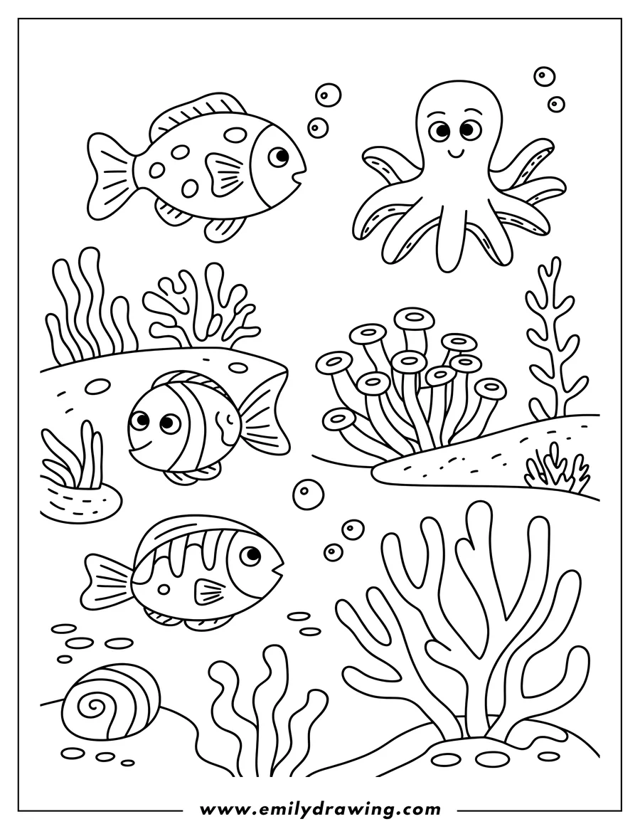 Line art of three fish and an octopus swimming underwater amongst seaweed and coral.