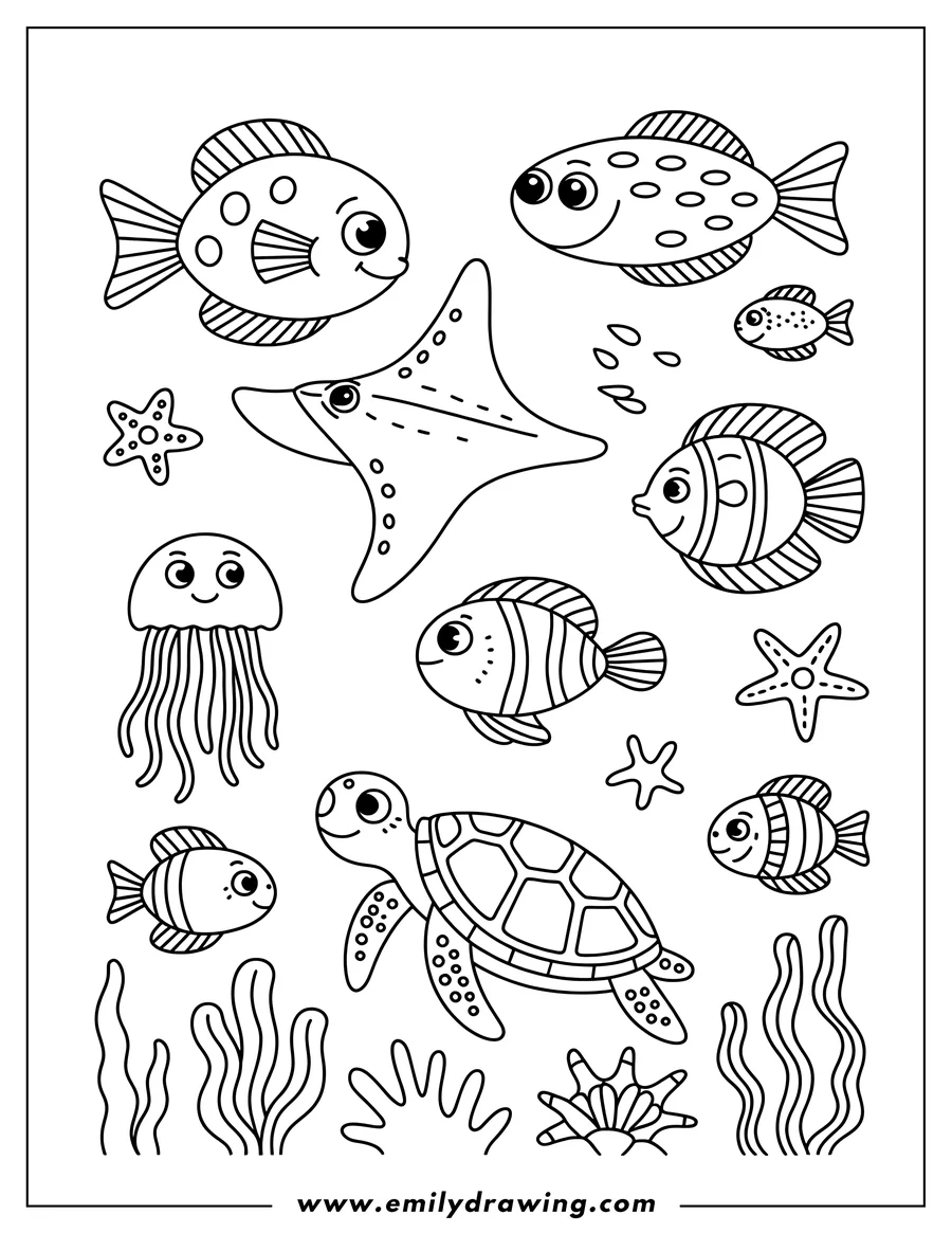 Line art of fish, a sea turtle, a jellyfish, and starfish.