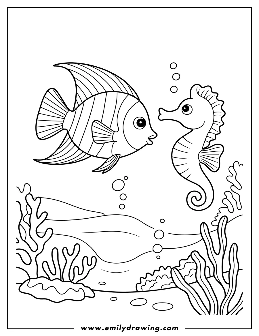 Line art of a striped fish and a seahorse underwater. They are surrounded by seaweed and bubbles.
