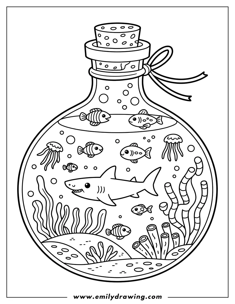 Line art of a shark, various small fish, and a jellyfish swimming inside a corked glass bottle. Seaweed, coral, and bubbles complete the underwater scene.