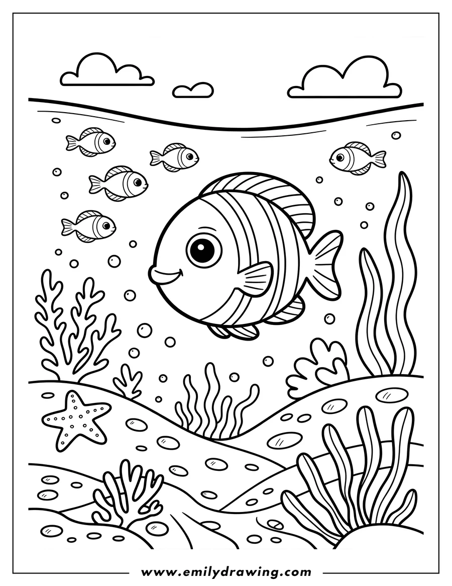 Line art of a fish swimming underwater with other smaller fish, a starfish, and seaweed.