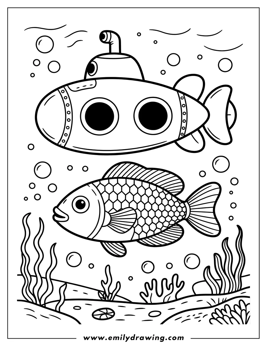 Line art of a fish swimming near the ocean floor with a submarine above.