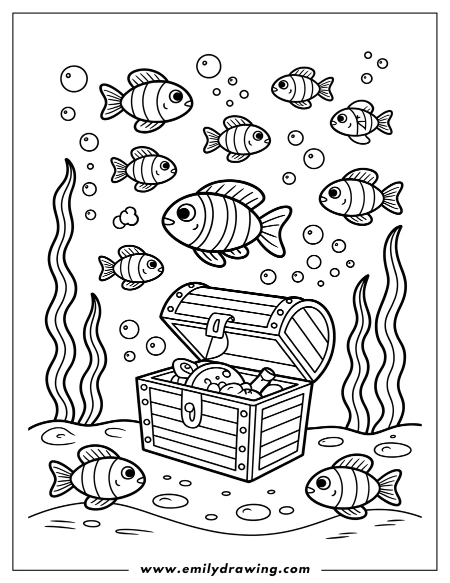 Outline of several fish swimming around an open treasure chest on the seabed.