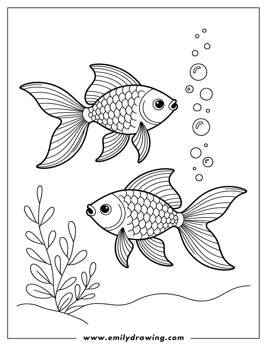 Outline of two fish swimming near some seaweed. One fish is blowing a stream of bubbles.
