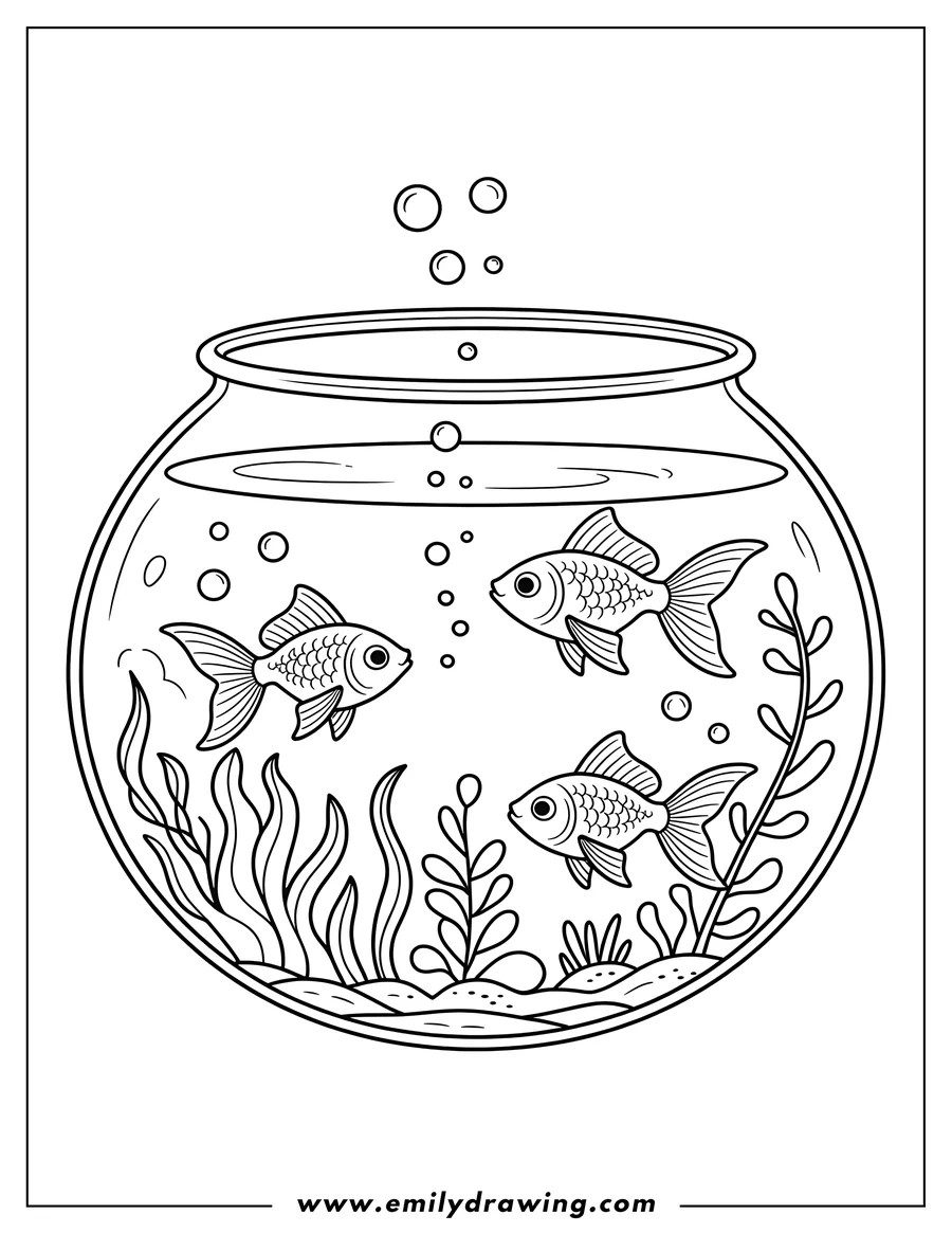 Outline of three fish swimming in a round fishbowl with seaweed and bubbles.