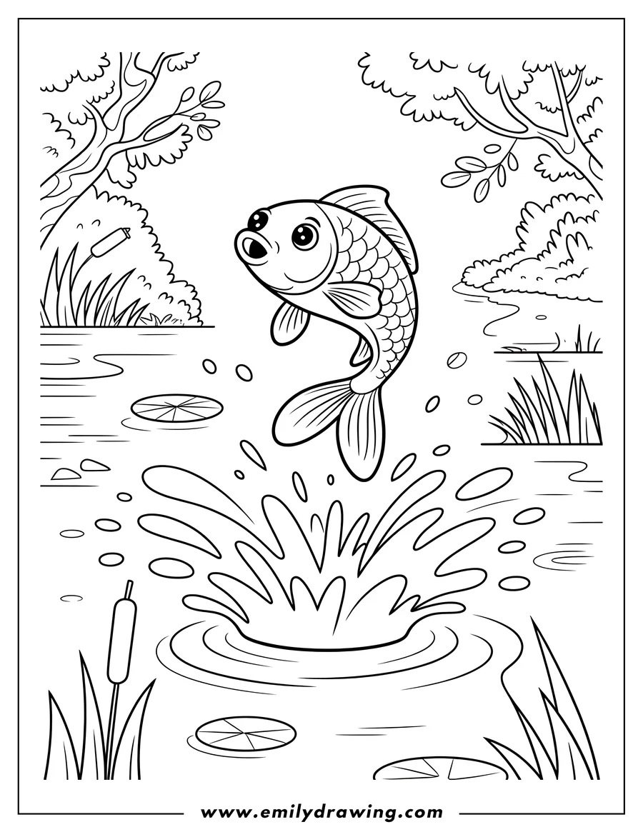 Line art of a fish jumping out of a pond, creating a splash. Lily pads and reeds are visible in the water.