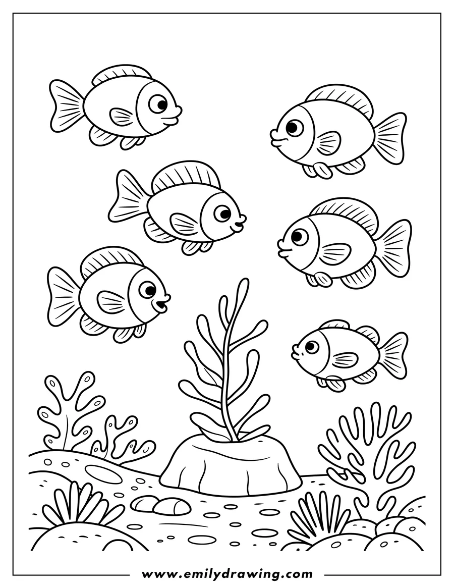Line art of several fish swimming near a coral reef with rocks, seaweed, and pebbles on the seabed.