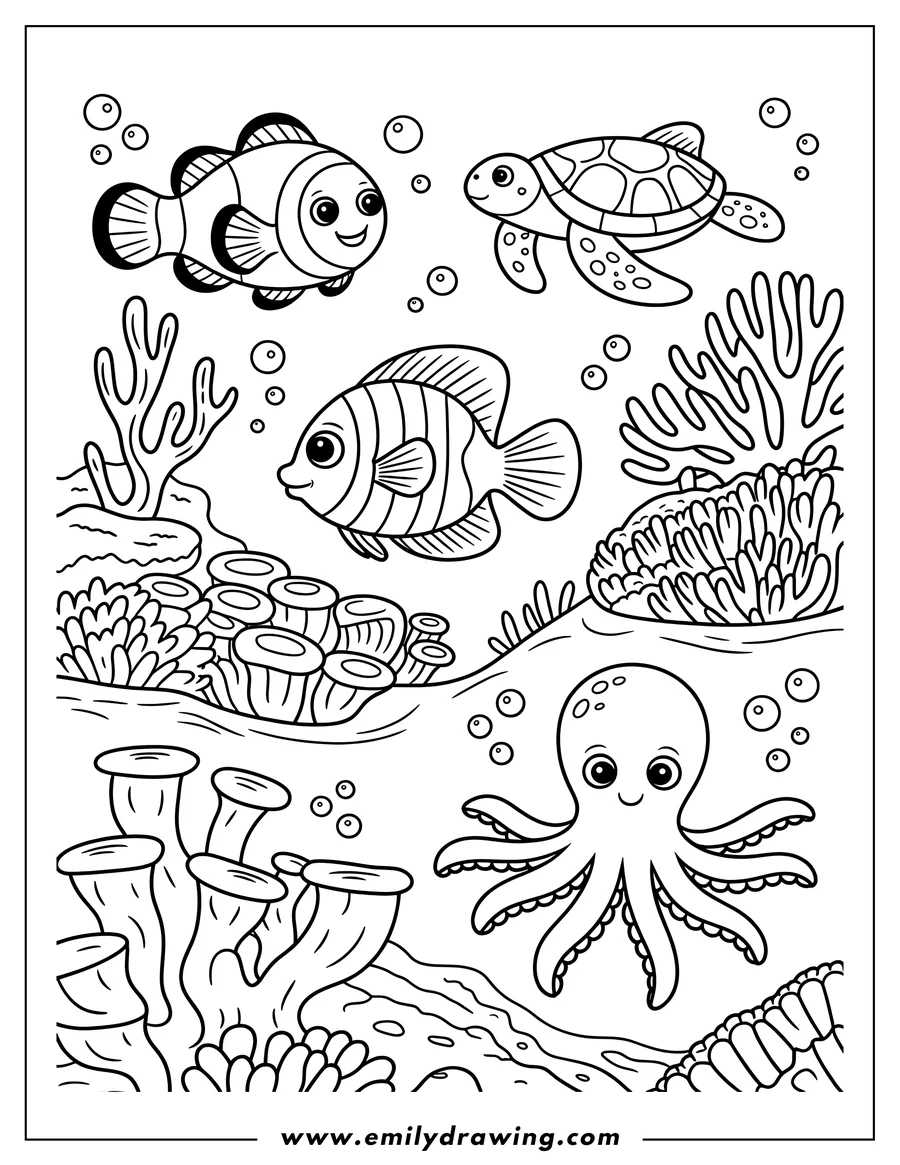 Line art of a clownfish, sea turtle, and octopus among coral and bubbles in an underwater scene