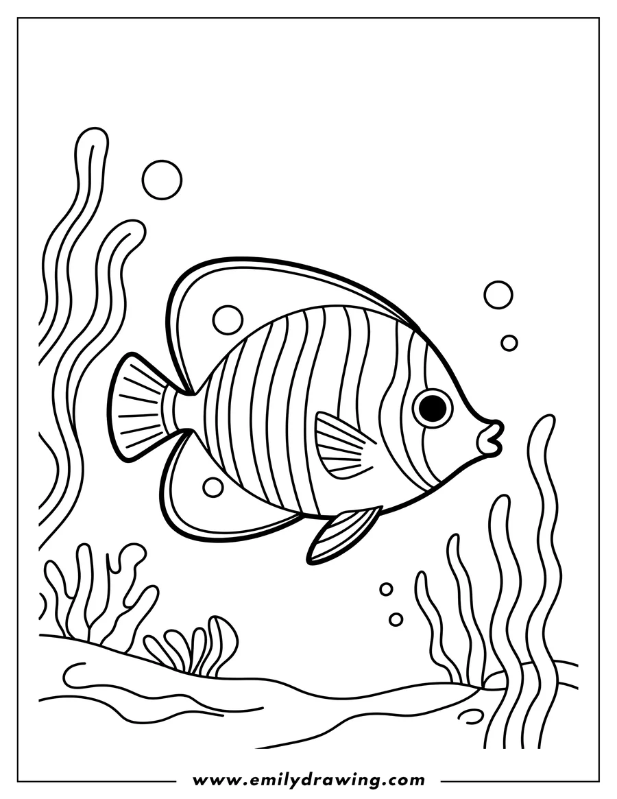 Outline of a striped fish swimming near a coral reef, with seaweed and bubbles around it.