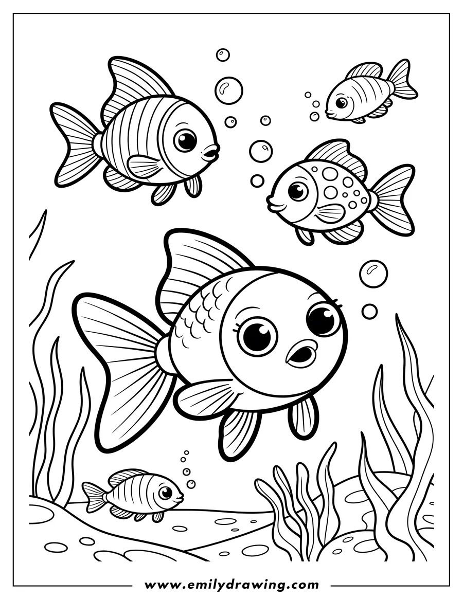 Outline of four fish swimming amongst seaweed. One large fish is in the foreground.