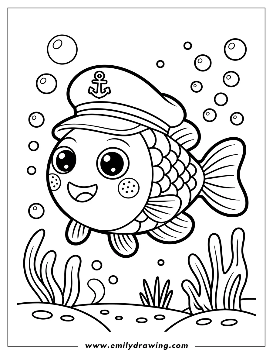 Line art of a fish wearing a captain's hat, swimming above seaweed and bubbles.