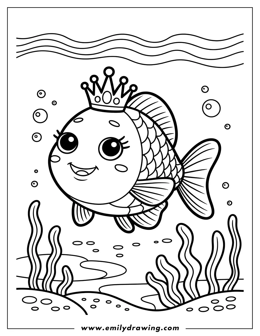 Line art of a fish wearing a crown, swimming underwater amongst seaweed.