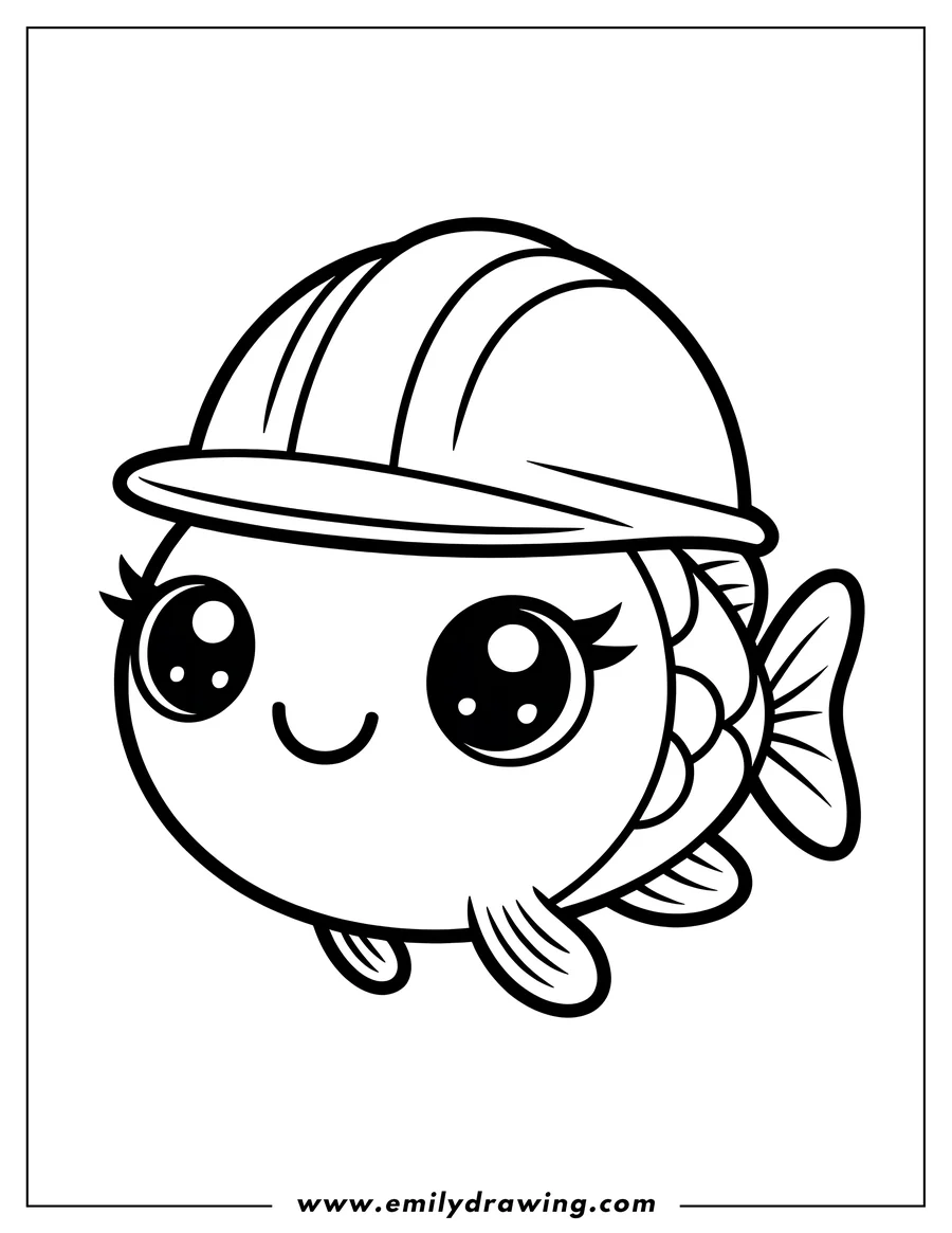 Outline of a fish wearing a construction hat. It has large, expressive eyes and a slight smile.