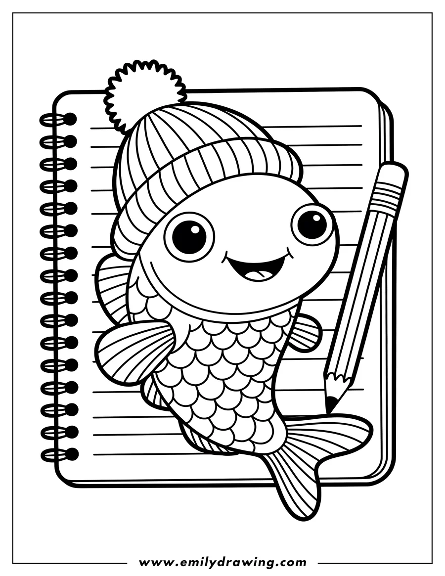 Line art of a fish wearing a winter hat perched on a notepad with a pencil. The fish looks happy and ready for a cozy coloring session.