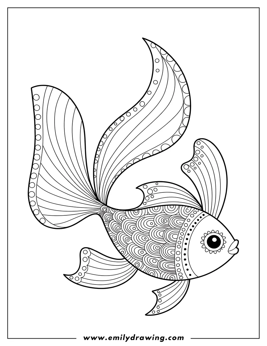 Line art of a fish with large, patterned fins and tail, decorated with swirls, circles, and dots.