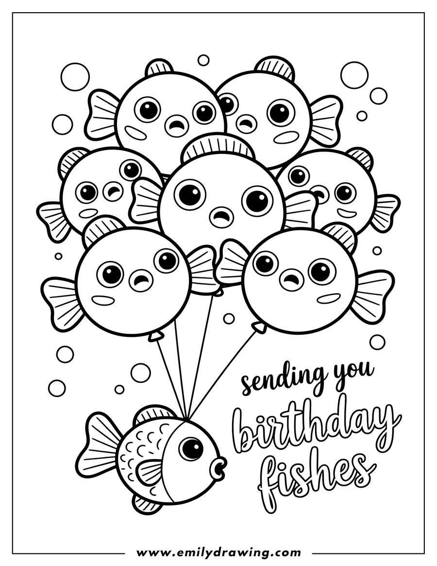 Line art of a fish holding a bunch of pufferfish balloons with the words
