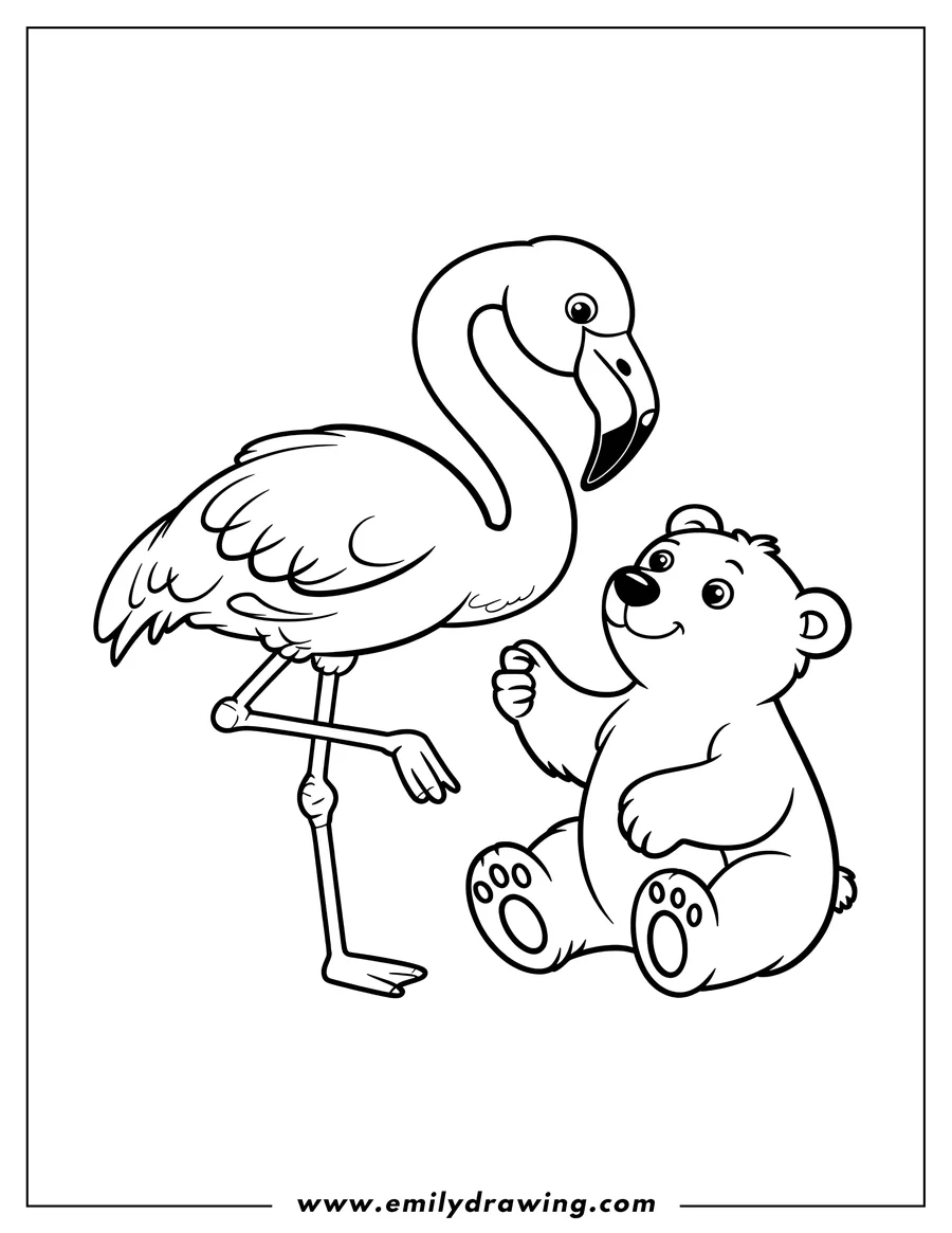 Outline of a flamingo standing on one leg beside a small seated bear
