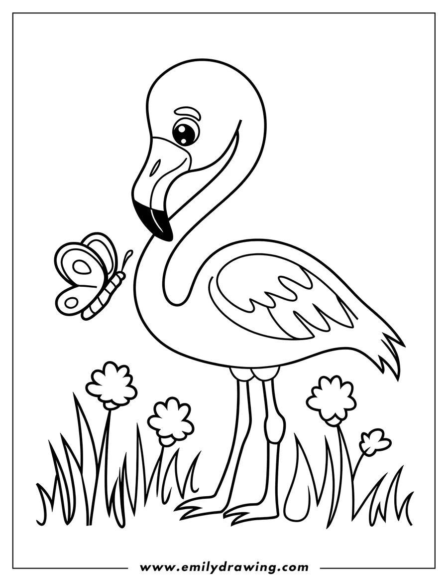 Outline of a flamingo standing in grass with a butterfly fluttering nearby.  Three simple flowers are also present.