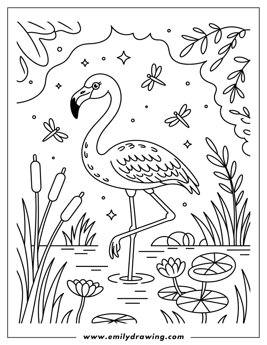 Line art of a flamingo standing in a pond with water lilies and dragonflies fluttering around.