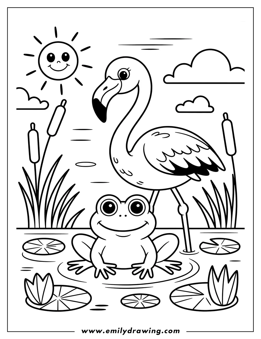 Outline of a flamingo standing in a pond with a frog sitting on a lily pad, cattails, and a smiling sun