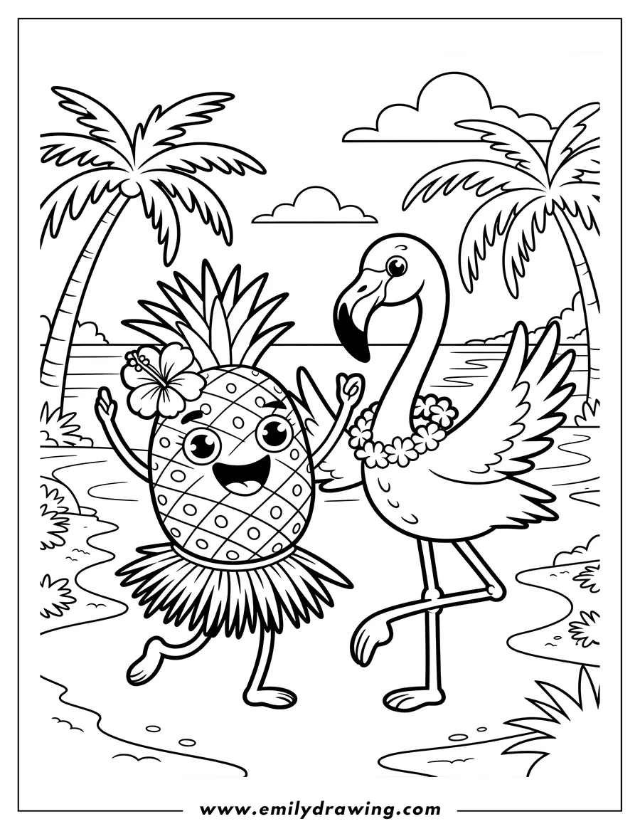Line art of a flamingo and a pineapple dancing on a beach, both wearing grass skirts and flower decorations.