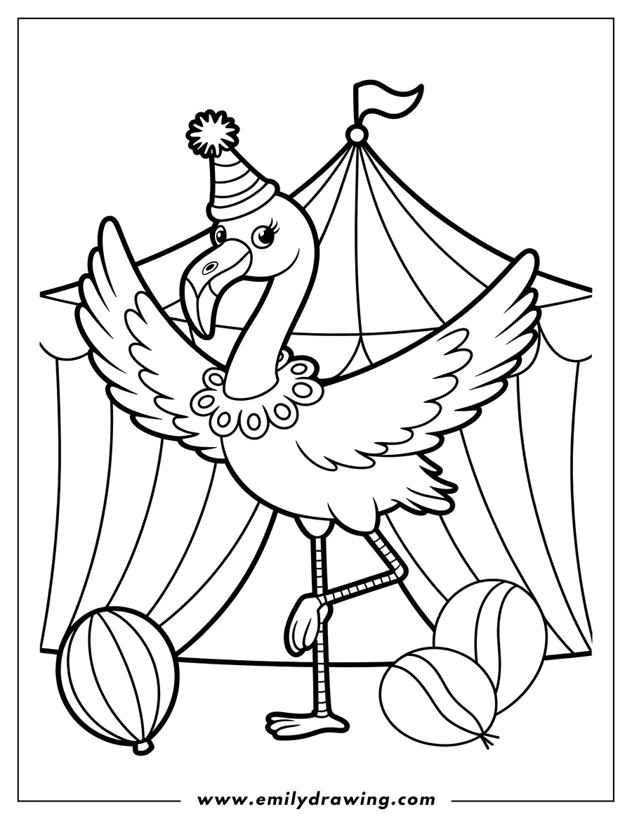 Outline of a flamingo wearing a party hat, standing on one leg in front of a circus tent with balloons nearby.