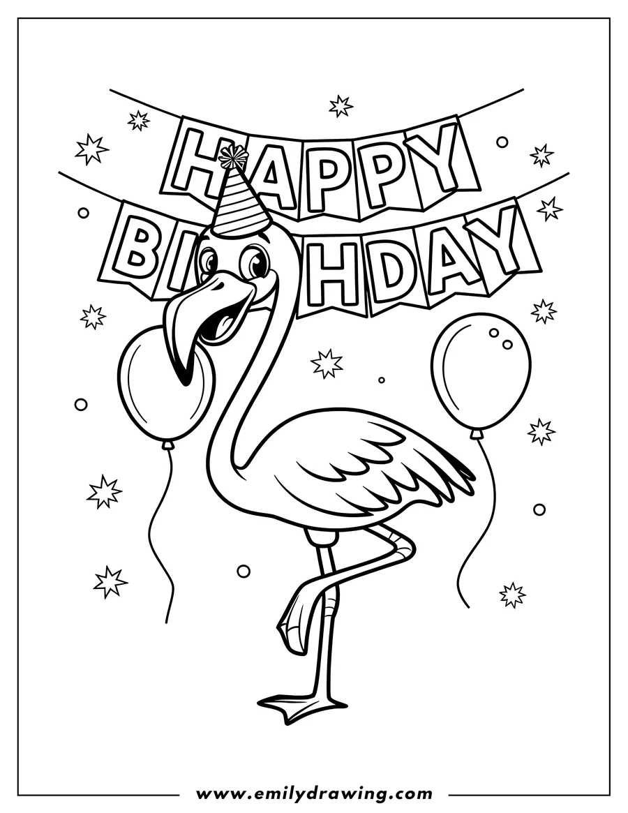 Line art of a flamingo at a birthday party.  It's wearing a party hat and holding balloons under a Happy Birthday banner.