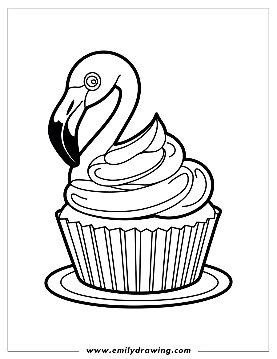 Outline of a flamingo emerging from a cupcake with swirled frosting on a small plate.