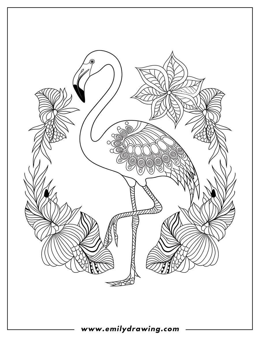 Line art of a flamingo surrounded by stylized flowers and leaves. The flamingo's body and the flowers are filled with decorative patterns.
