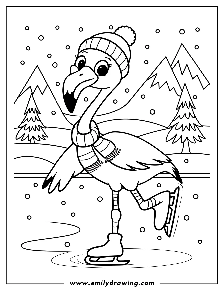 Line art of a flamingo ice skating on a frozen pond. The flamingo wears a winter hat and scarf. There are snowy hills and pine trees in the background.