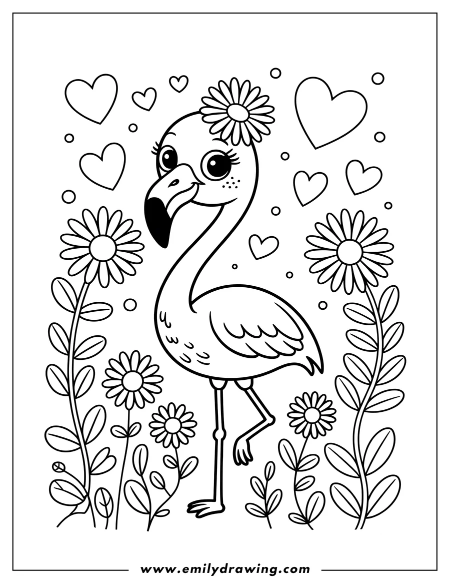 Outline of a flamingo standing in a garden of flowers. The flamingo has a large flower tucked behind its ear. Hearts float around its head, adding a touch of whimsy.