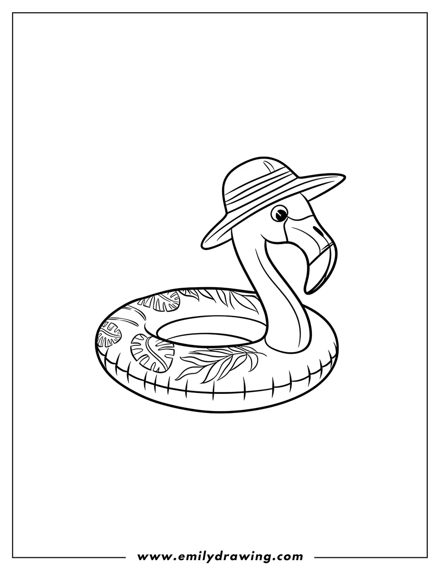 Outline of a flamingo wearing a striped sun hat and sitting in a tropical-themed inner tube.