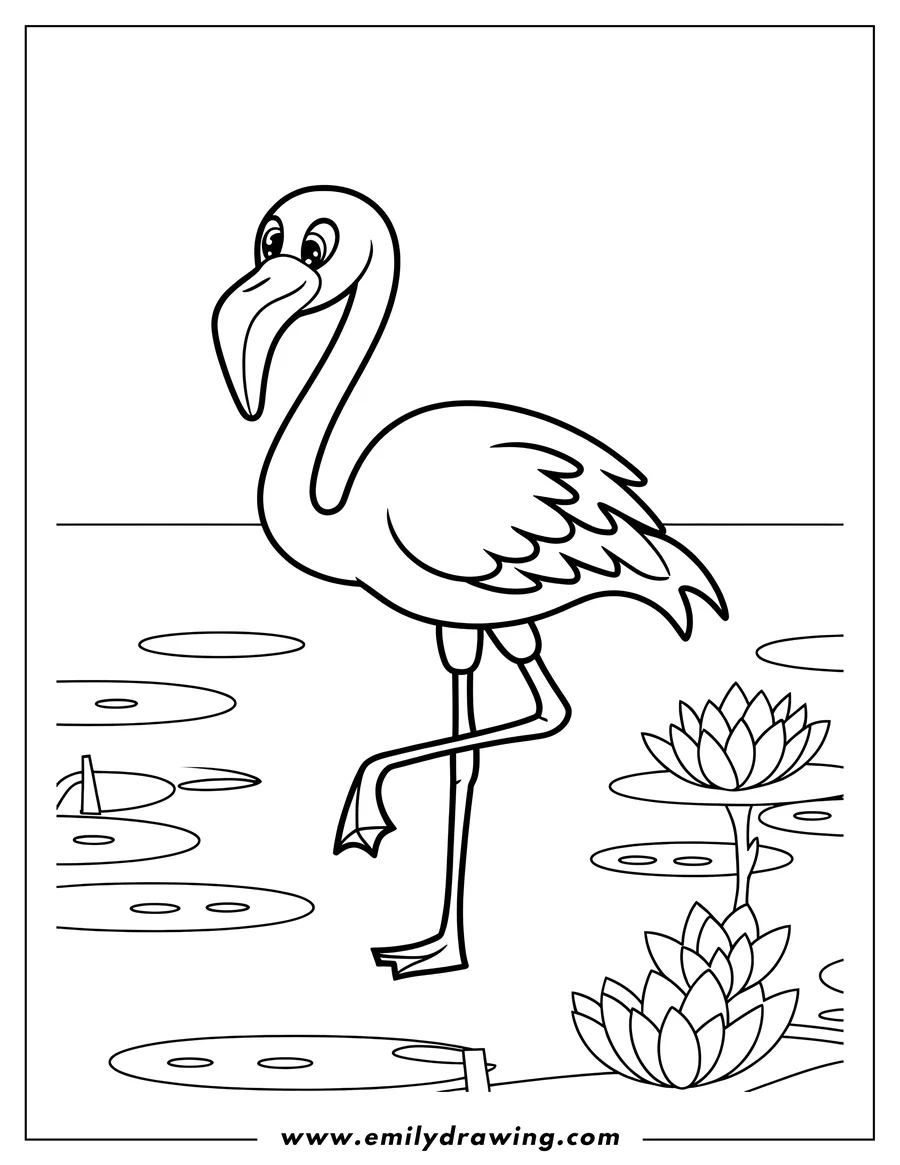 Outline of a flamingo standing on one leg in a pond with lily pads.
