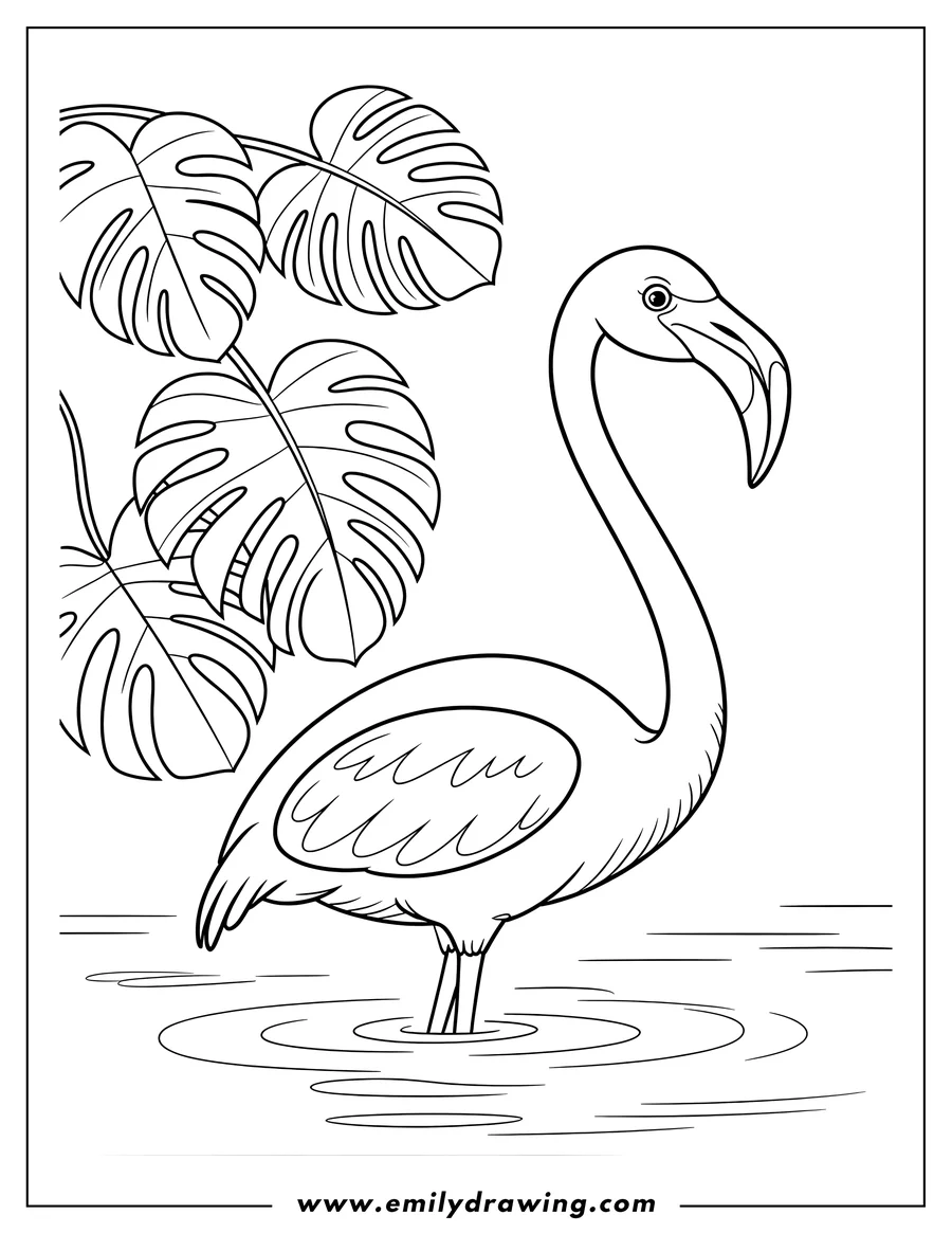Outline of a flamingo standing in shallow water with monstera leaves in the background.