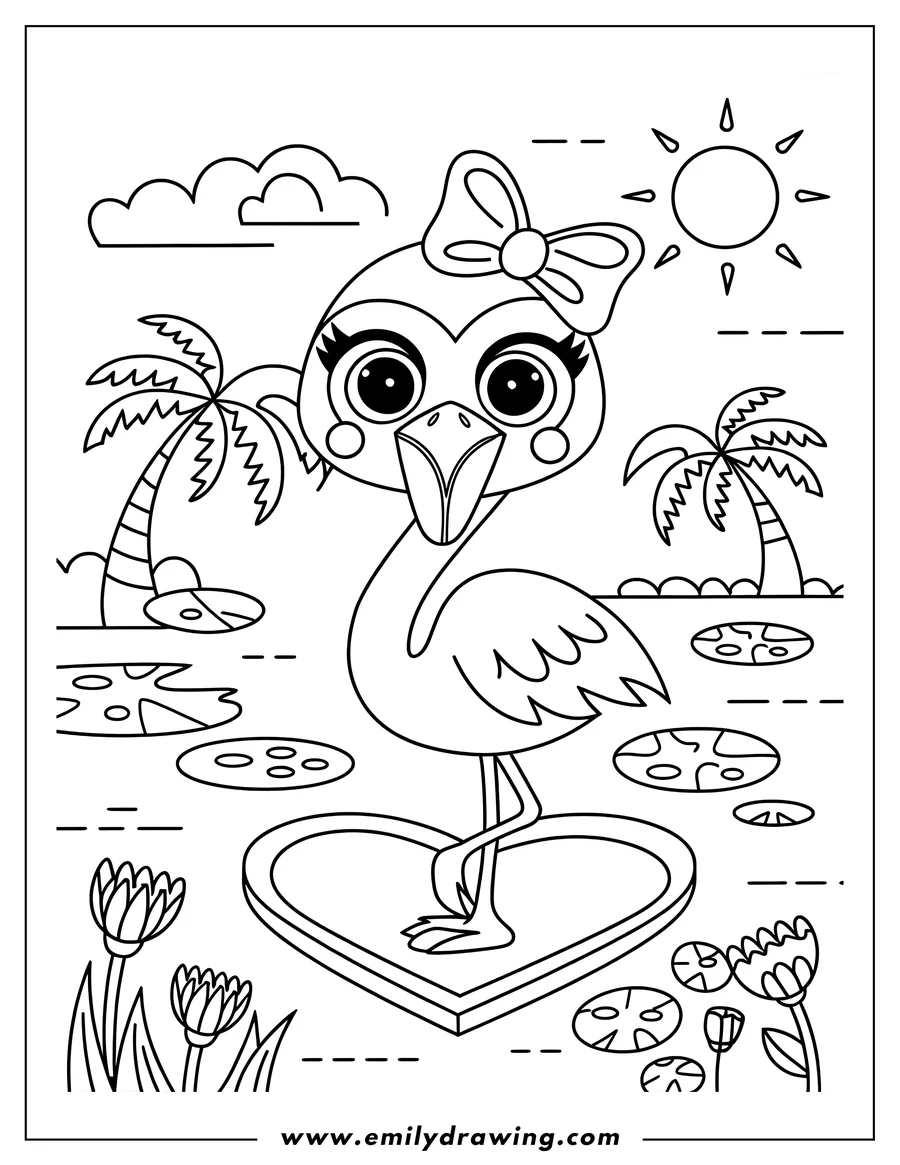 Outline of a flamingo with a bow standing on a heart, with palm trees, lily pads, and flowers in the background.