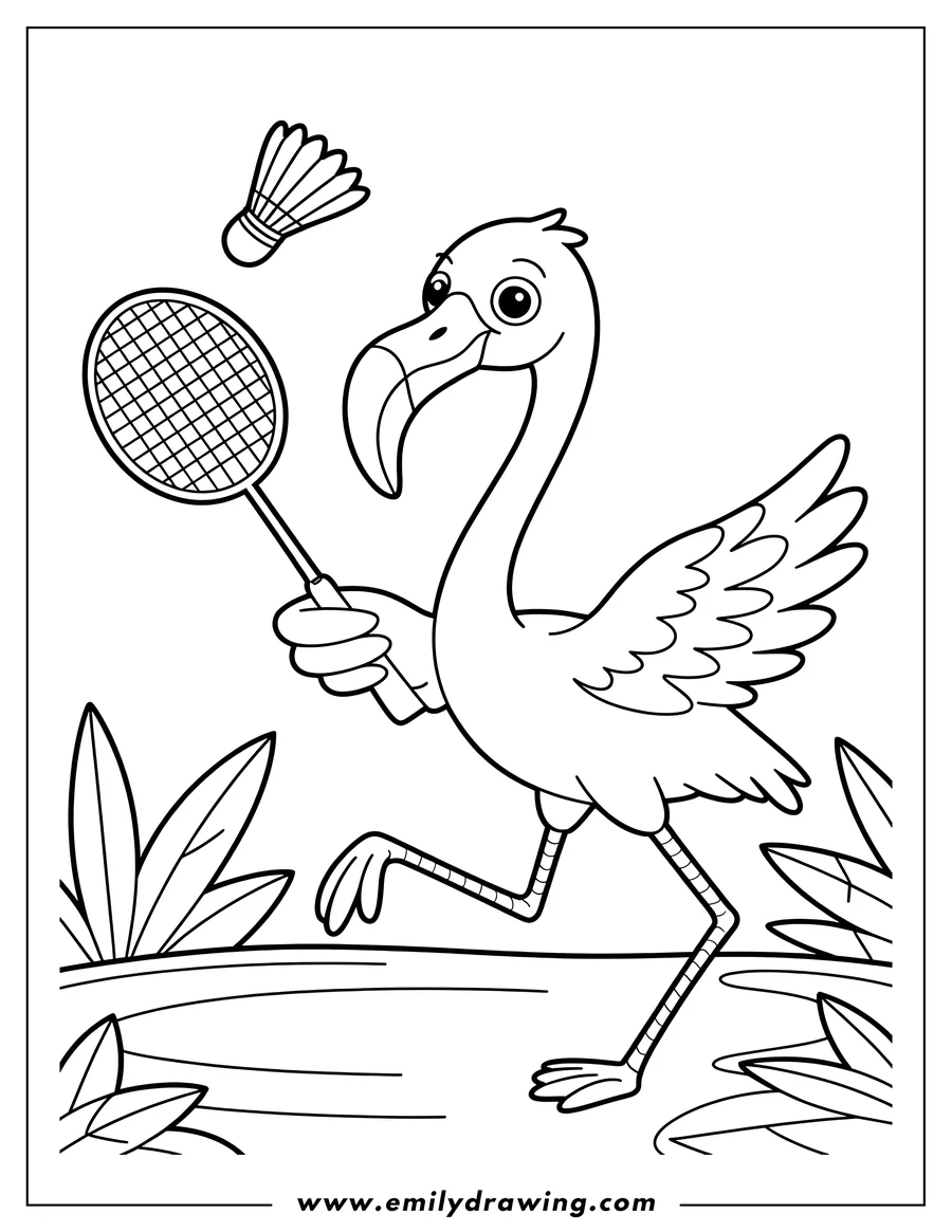 Line art of a flamingo playing badminton. It's holding a racket and about to hit the birdie.