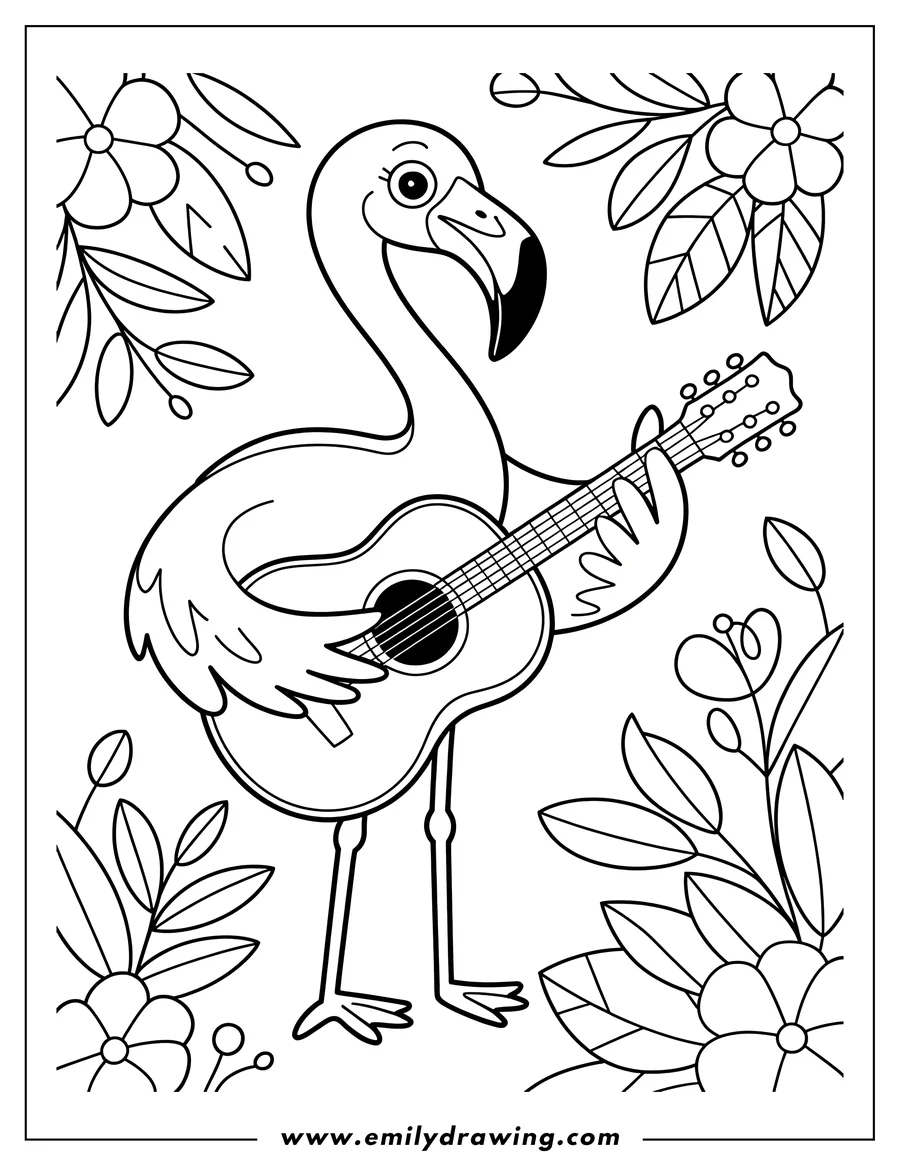 Line art of a flamingo playing a guitar, surrounded by flowers and leaves.
