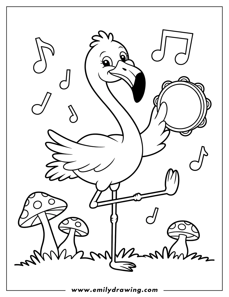 Outline of a flamingo playing a tambourine with musical notes floating around and mushrooms at its feet.