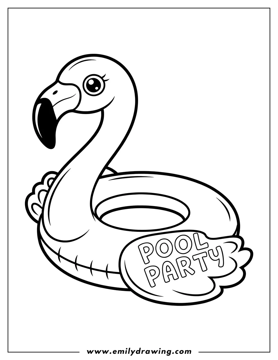 Outline of a flamingo shaped pool float with the words 